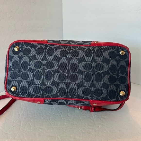 Coach NWOT “Mickie” Signature Print Denim With Croc Red Leather Trim Satchel - Picture 7 of 10